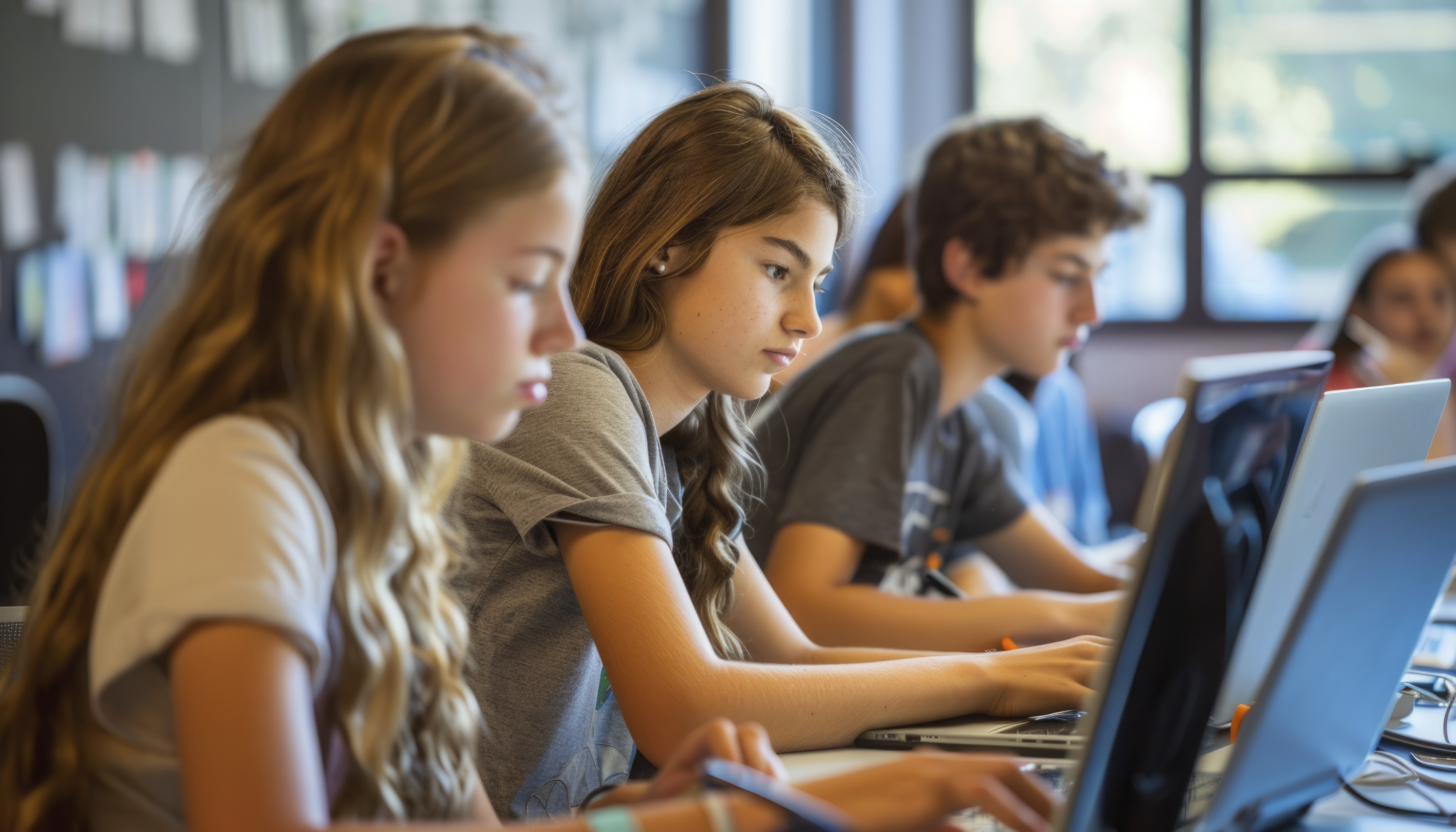 Students learning computer skills in classroom